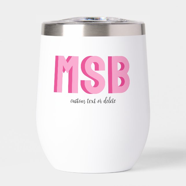 Monogram Block Shadow Initials Pink Custom Text Thermal Wine Tumbler (Front)
