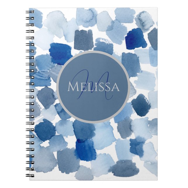 Monogram Blue Abstract Watercolor Swatch Notebook (Front)
