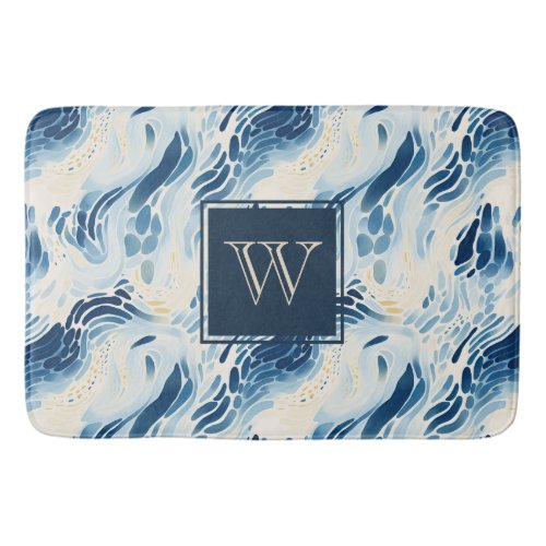 Monogram Blue Abstract Waves Beach Pattern Bath Mat