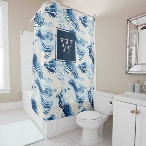 Monogram Blue Abstract Waves Beach Pattern Shower Curtain