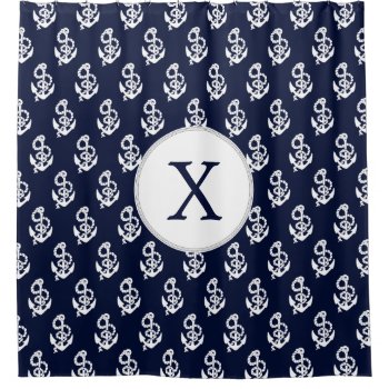 Monogram Blue Anchior Nautical Shower Curtains by MonogramBoutique at Zazzle