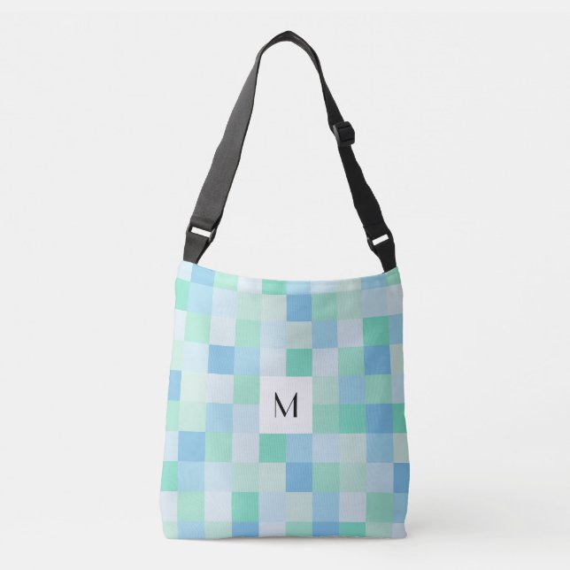 Monogram Blue and Aqua Blue Squares Cross Body Bag (Front)