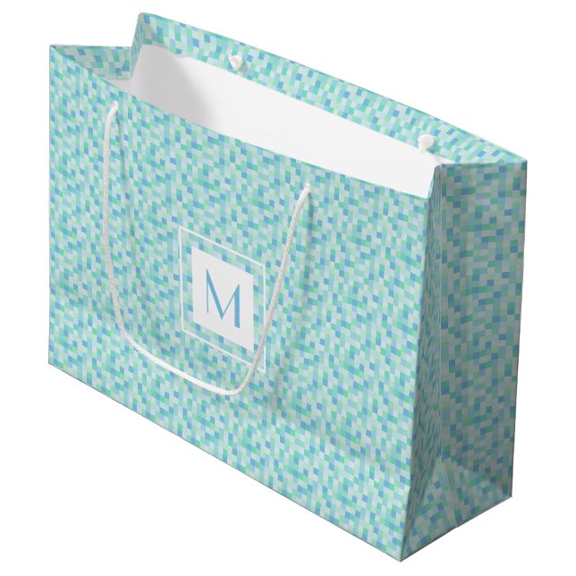 Monogram Blue and Aqua Blue Squares Large Gift Bag (Front Angled)