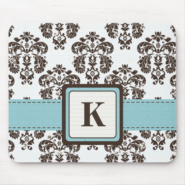 Monogram Blue and Brown Damask Mouse Pad (Front)