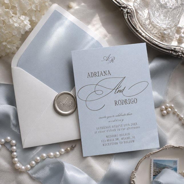 Monogram Blue and Brown Wedding Invitation (Creator Uploaded)