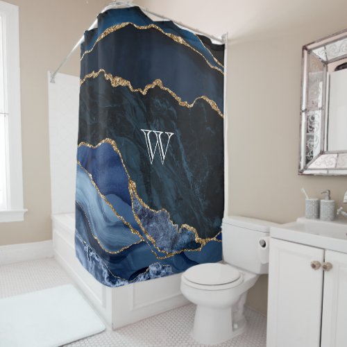 Monogram Blue and Gold Agate Shower Curtain