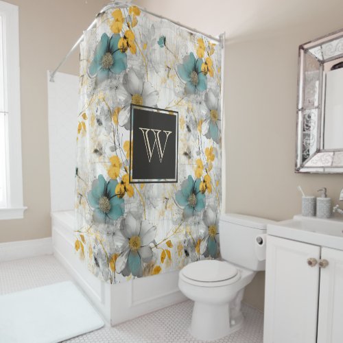 Monogram Blue and Gold Boho Bold Floral Shower Curtain