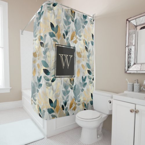 Monogram Blue and Gold Boho Branches Shower Curtain