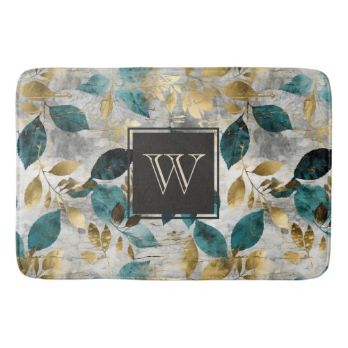 Monogram Blue and Gold Boho Elegant Leaf Bath Mat