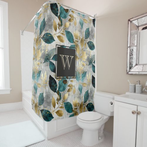 Monogram Blue and Gold Boho Elegant Leaf Shower Curtain