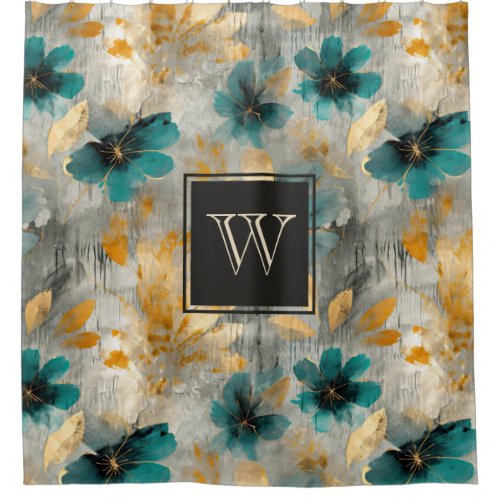 Monogram Blue and Gold Grunge Bontanical Shower Curtain