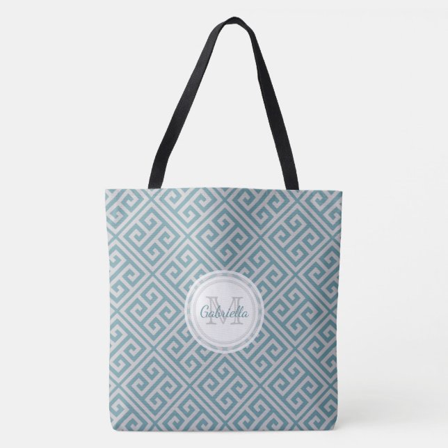 Monogram Blue And Gray Bold Greek Key Motif Tote Bag (Front)