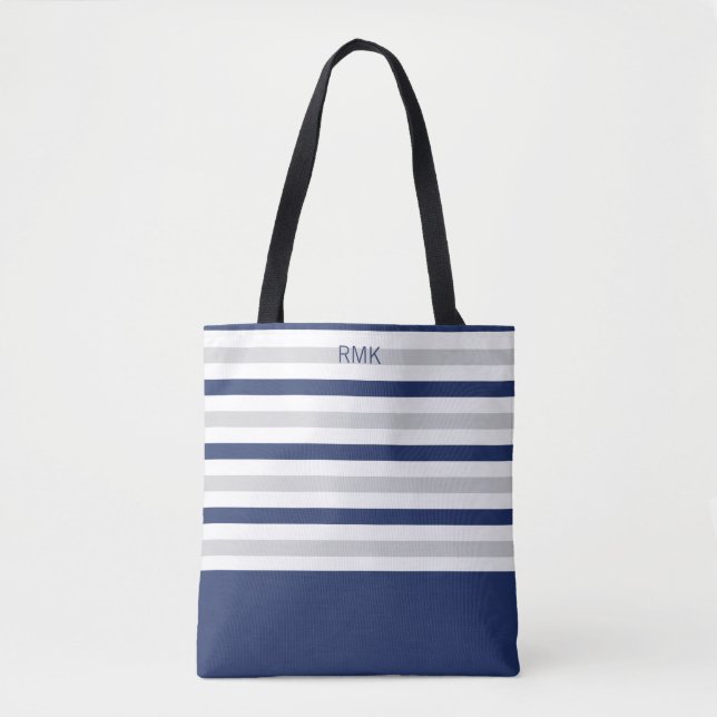 Monogram Blue and Gray Stripe Tote Bag (Front)