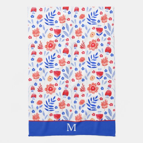 Monogram Blue and Red Folk Art Flower Pattern Kitchen Towel