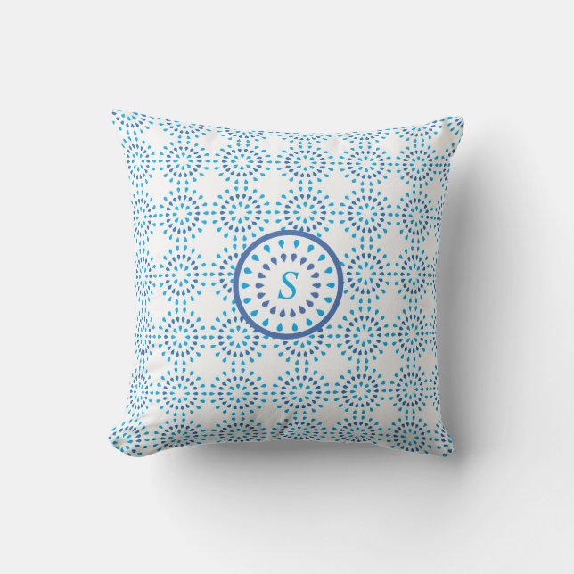 Monogram Blue and White Abstract Geometric Design Throw Pillow (Front)