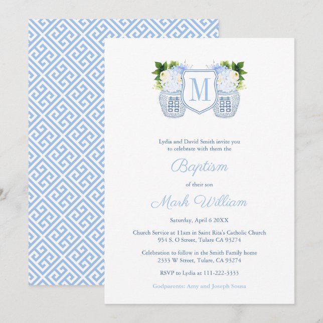 Monogram Blue And White Baby Boy Christening Invitation (Front/Back)