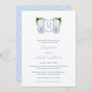 Monogram Blue And White Baby Boy Christening Invitation