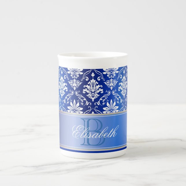 Monogram Blue and White Damask Bone China Mug (Front)