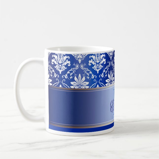 Monogram Blue and White Damask Coffee Mug (Left)