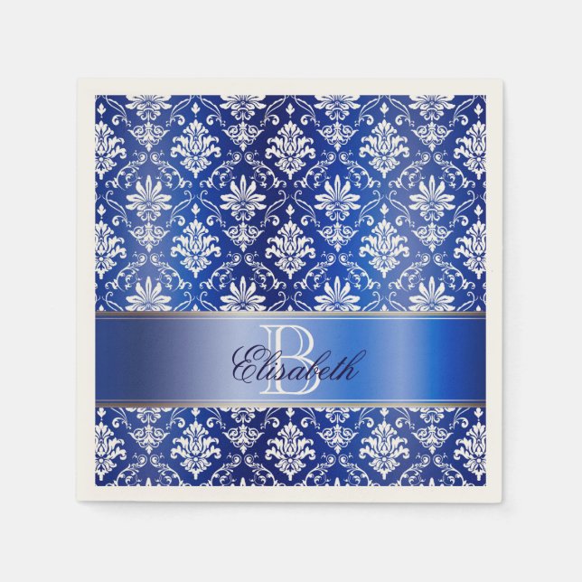 Monogram Blue and White Damask Napkins (Front)