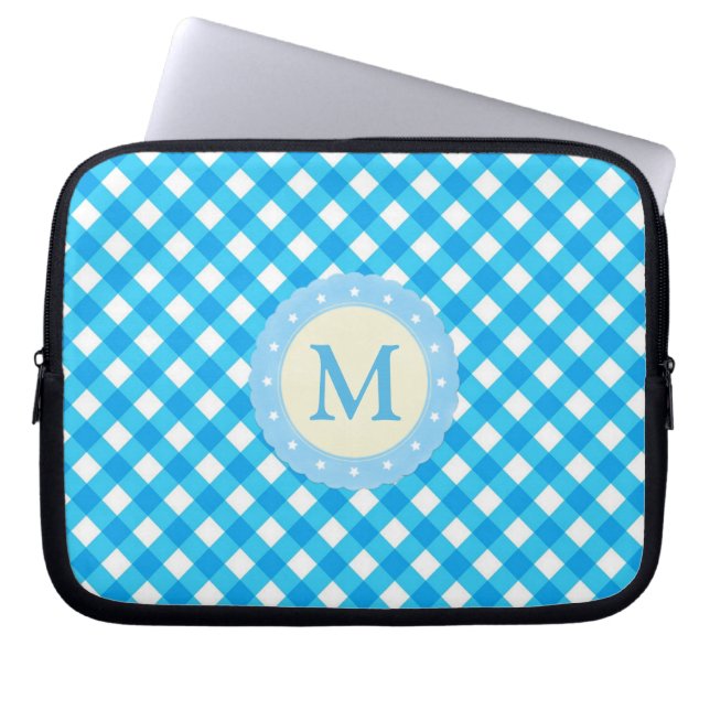 Monogram Blue and White Gingham Pattern Laptop Sleeve (Front)