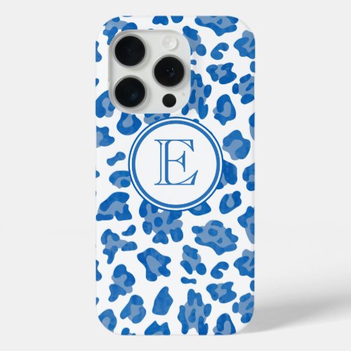 Monogram Blue And White Leopard Print iPhone 15 Pro Case