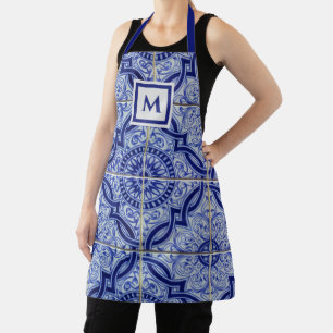 Monogram Blue and White Mediterranean Tile Pattern Apron