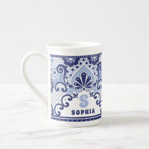 Monogram Blue and White Mexican Talavera Tile Bone Bone China Mug