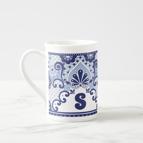 Monogram Blue and White Mexican Talavera Tile Bone China Mug