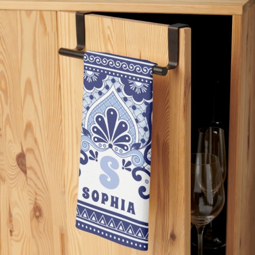 Monogram Blue and White Mexican Talavera Tile  Kitchen Towel