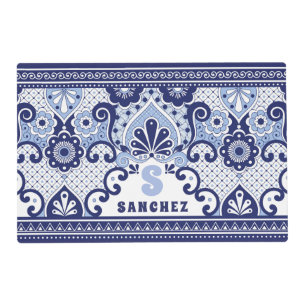 Monogram Blue and White Mexican Talavera Tile Placemat