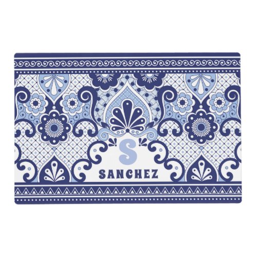 Monogram Blue and White Mexican Talavera Tile   Placemat