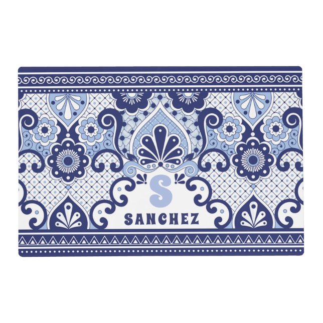 Monogram Blue and White Mexican Talavera Tile   Placemat (Front)