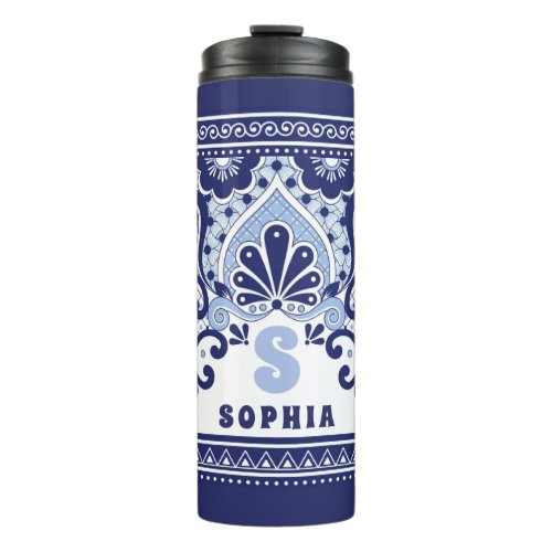 Monogram Blue and White Mexican Talavera Tile Thermal Tumbler