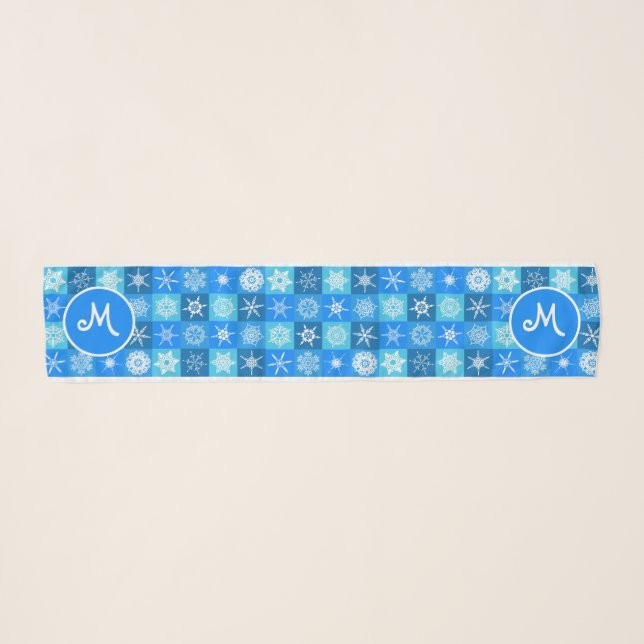 Monogram Blue and White Snowflake Pattern Custom Scarf (Front (Horizontal))