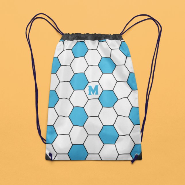 Monogram Blue and White Soccer Ball Pattern  Drawstring Bag (Creator Uploaded)