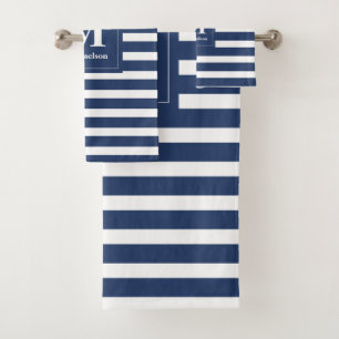 Monogram Blue and White Striped Pattern Bath Towel Set