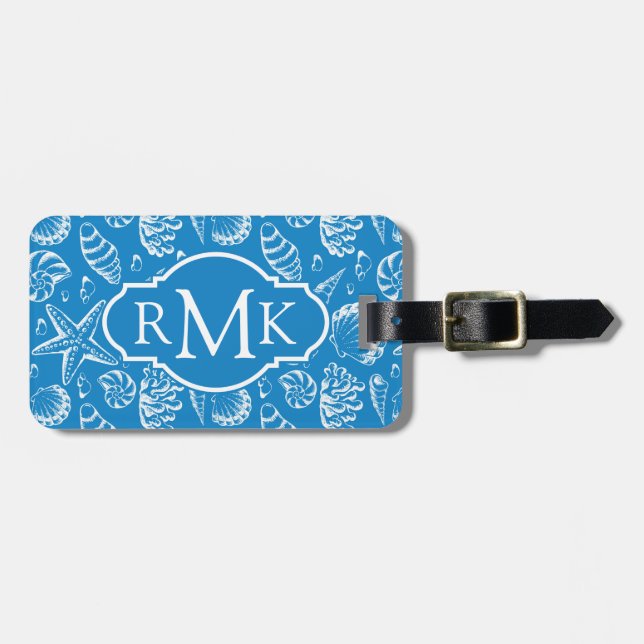 Monogram Blue Beach Pattern Luggage Tag (Front Horizontal)