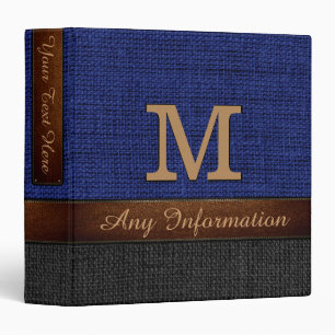 Monogram Blue & Black Burlap Rustic Jute 3 Ring Binder