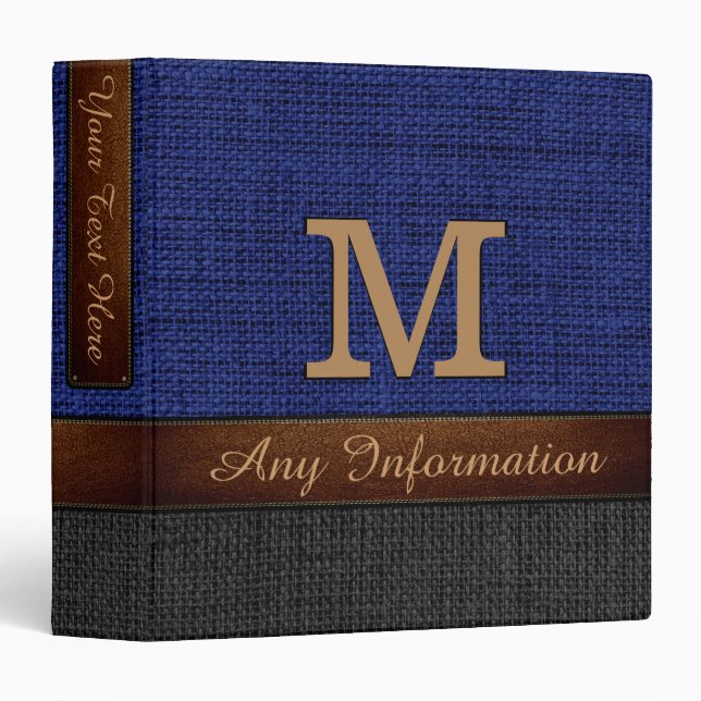 Monogram Blue & Black Burlap Rustic Jute 3 Ring Binder (Front/Spine)