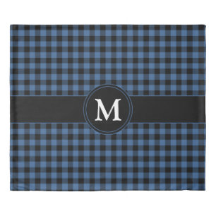 Monogram Blue & Black Gingham Plaid Check Pattern Duvet Cover
