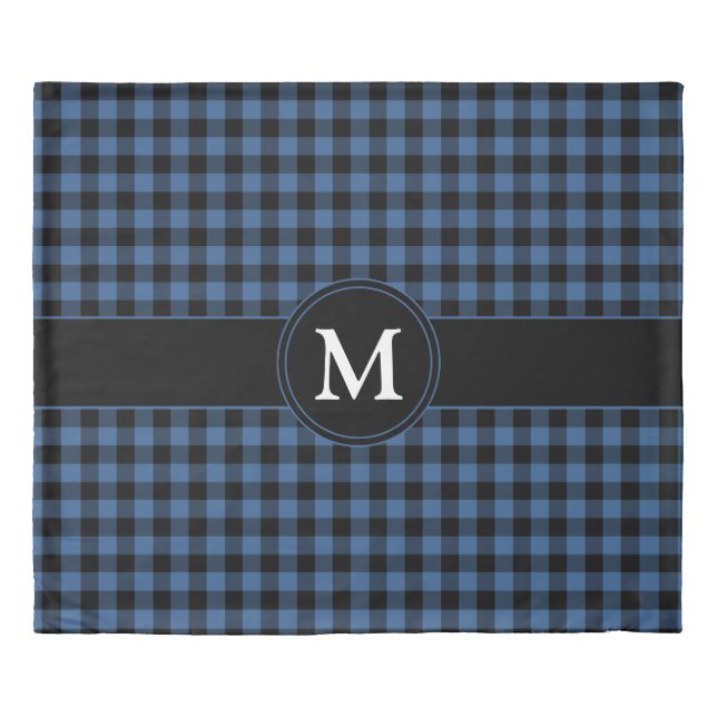 Monogram Blue & Black Gingham Plaid Check Pattern Duvet Cover (Front)
