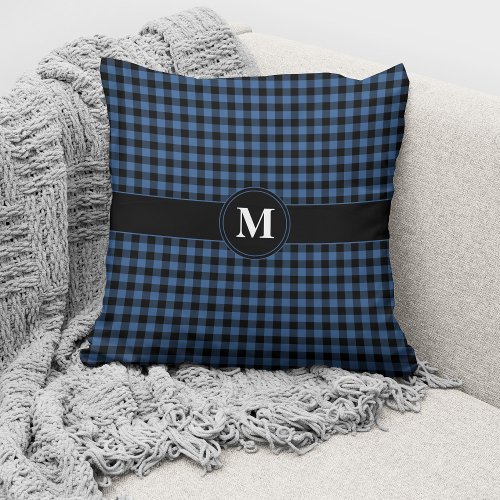 Monogram Blue  Black Gingham Plaid Checks Pattern Throw Pillow