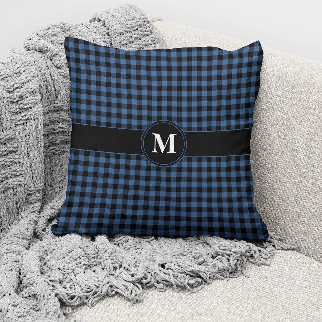 Monogram Blue & Black Gingham Plaid Checks Pattern Throw Pillow (Creator Uploaded)