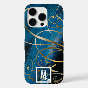 Monogram Blue Black Paint Gold Swirls Flourishes iPhone 16 Pro Case