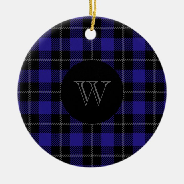 Monogram Blue Black Plaid Ceramic Ornament (Front)