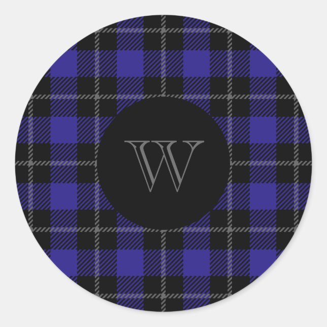 Monogram Blue Black Plaid Classic Round Sticker (Front)