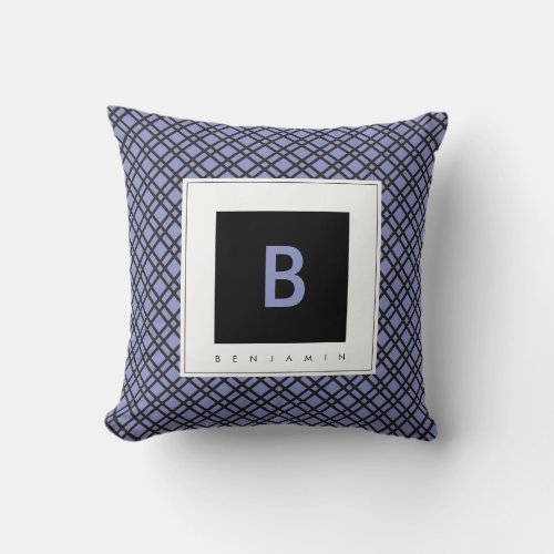 Monogram Blue  Black Plaid Throw Pillow