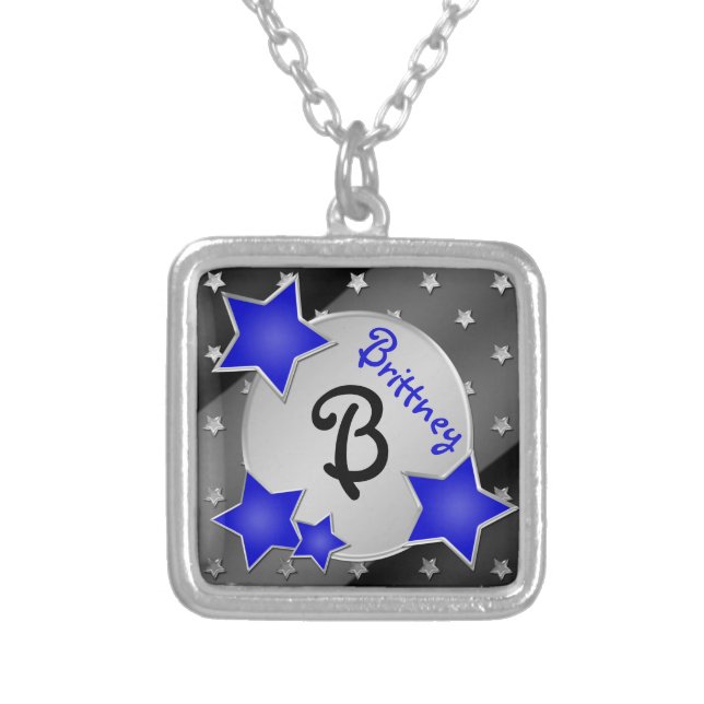 Monogram Blue, Black, Silver Stars Necklace (Front)