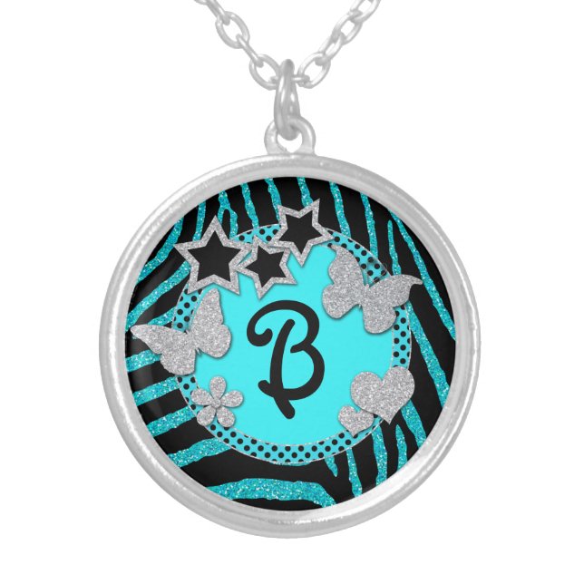 Monogram Blue Black Silver Zebra Glitter Necklace (Front)